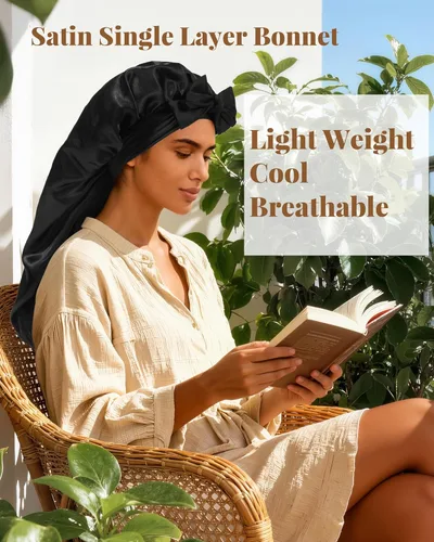 Vista 2 de AWAYTR Gorro largo de satén para trenzas, gorro elástico de seda para dormir, banda de amarre elástica para mujer (negro)