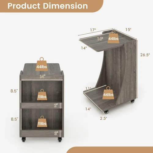 Vista 3 de Tangkula Mesa auxiliar en forma de C, mesa auxiliar pequeña para sofá/sofá, mesa auxiliar con compartimento trasero de 3 niveles, ruedas con frenos