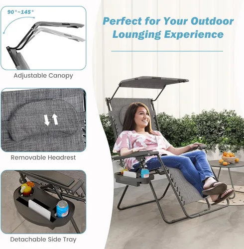 Vista 6 de Goplus - Silla reclinable plegable para exteriores, playa, patio, piscina con toldo y soporte para copas
