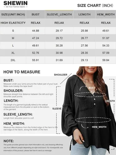 Vista 6 de SHEWIN Camisetas de otoño para mujer, con cuello en V, con botones, de manga larga, de punto gofre, de color sólido, túnica