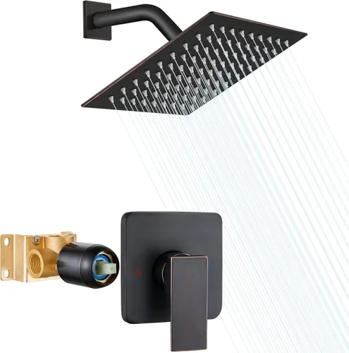 Vista 13 de Heyalan Juego de cabezal de ducha y mango de 8 pulgadas, juego de grifo de ducha cuadrado para baño, sistema de ducha de lluvia de acero inoxidable