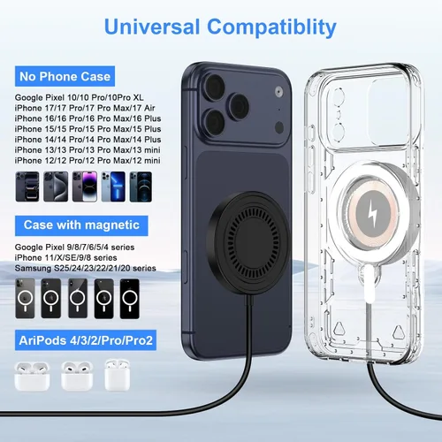 Vista 7 de Magsafe Charger - Cargador magnético para iPhone 17 Pro Max/17e/17/16/15/14/13/12 Series y AirPods, almohadilla magnética de carga rápida
