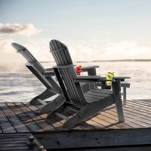 Vista 10 de FUNBERRY Silla Adirondack plegable ajustable con otomana retráctil, sillas para hogueras para todo tipo de clima con portavasos