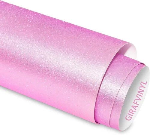 GIRAFVINYL Viny permanente con purpurina rosa, vinilo rosa brillante de 12 pulgadas x 6 pies para manualidades, taza de bricolaje, decoración del