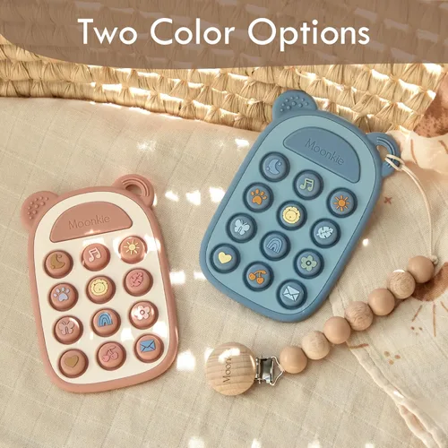 Vista 9 de Moonkie Juguetes de Dentición de Silicona con Forma de Teléfono para Bebé de 3 Meses+ Mordedor Suave Libre de BPA con Icono y Burbujas que