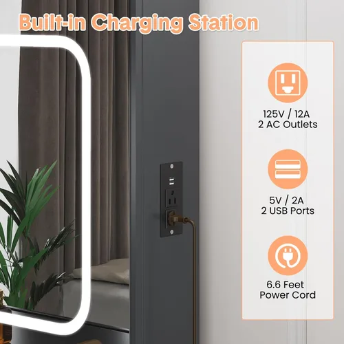 Vista 8 de GarveeLife Vanity Desk with Sliding Mirror & LED Lights, Makeup Dressing Table with 4 Drawers, Storage Shelves, Power Outlet & Stool, 3