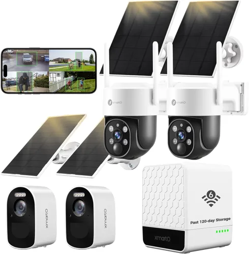XmartO 4MP QHD WiFi6 de doble banda inalámbrica de energía solar para interiores y exteriores Sistema de cámara de seguridad para el hogar+2 unids