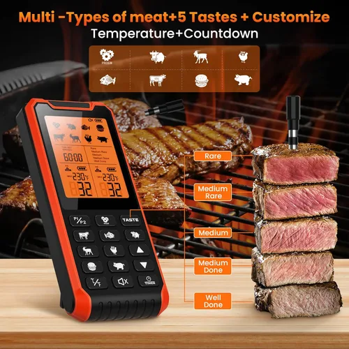 Vista 5 de Termómetro inalámbrico de carne de 300 pies con 2 sondas, recargable, termómetro digital de cocina digital recargable con función de alarma