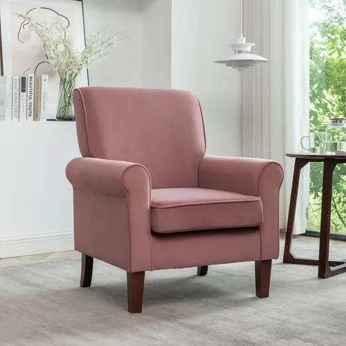 Vista 83 de Sillón clásico con marco de madera de abedul y cómodos reposabrazos enrollados, sillones para sala de estar, dormitorio y decoración de oficina