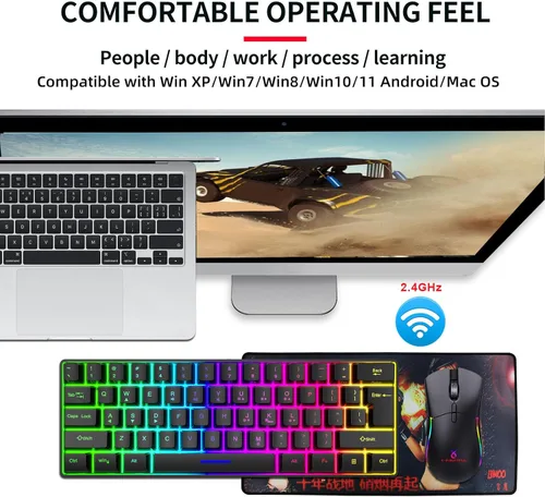 Vista 5 de ASHATA 60% Wireless Mechanical Keyboard, 2.4G Gaming Keyboard RGB Backlit 61 Keys Rechargeable, Supports Sleep Mode, Ergonomic Comfort, for PC Laptop