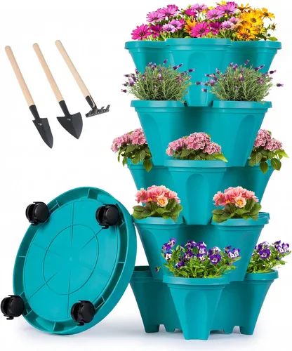 Vista 17 de GameXcel Maceta vertical – Macetas apilables de 5 niveles con ruedas y herramientas, macetas para plantas de fresa, hierbas, flores y verduras, uso