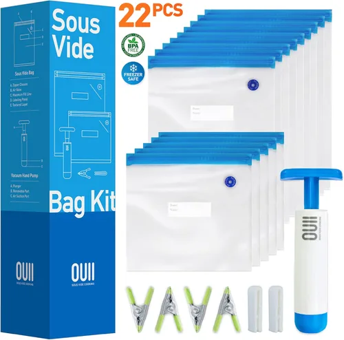 Vista 12 de Sous Vide - Bolsas para cocina de Joule y Anova, kit de 20 piezas con bolsas selladoras al vacío, bomba de mano, clips, 3 tamaños de bolsa