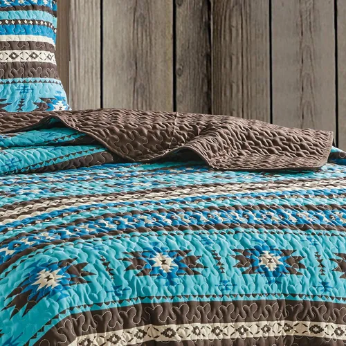 Vista 5 de 3-Piece Printed Oversize Queen Size Quilt Set, All-Season Bedspread, Native American Tribal Navajo Pattern Coverlet with Pillow Shams Bed Cover