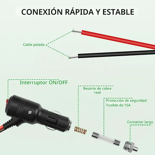 Vista 3 de Adaptador de enchufe de encendedor de cigarrillos de 12 V, 24 V, 16 AWG, resistente, 15 A, repuesto macho a cable desnudo con interruptor de 0.3 m