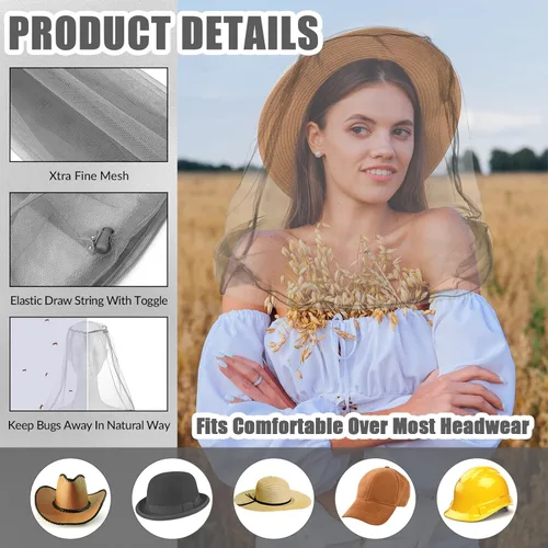 Vista 3 de HESTYA Paquete de 4 mosquiteros de malla para cabeza, cara, cuello, mosquitera, capucha de insectos y mosquitos, red que no se ve con bolsas