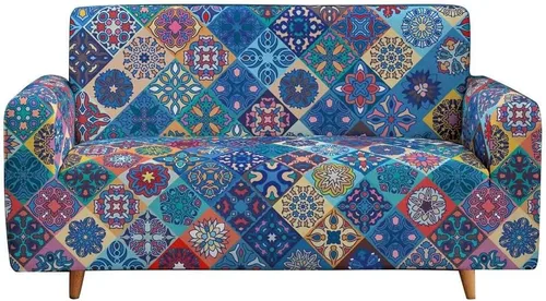 Vista 5 de Funda elástica para sofá con estampado bohemio, funda elástica para sofá floral con mandala, protector universal de muebles para sofás de 3 plazas