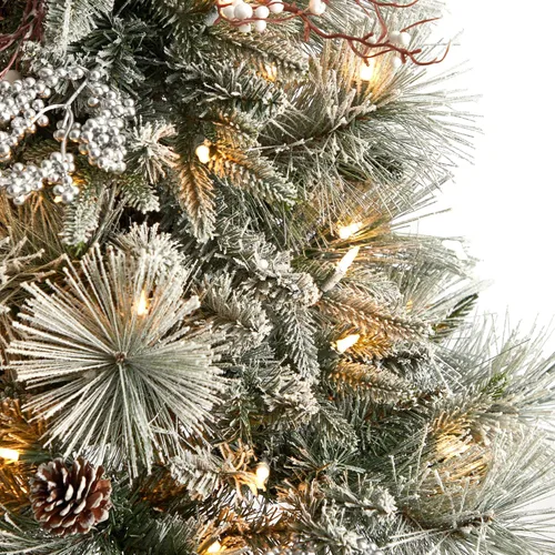 Vista 4 de Nearly Natural Árbol de Navidad artificial flocado de 5 pies con 100 luces LED y 186 ramas flexibles en urna decorativa