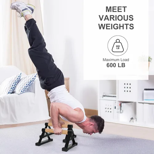 Vista 6 de Barras de flexiones de madera, barras paraletas, barras antideslizantes para parada de manos para calistenia, fitness, entrenamientos de piso