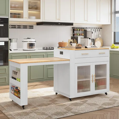 Vista 7 de HLR Isla de Cocina con Mesa de Comedor Extensible, Isla de Cocina con Encimera de Grano de Mármol y Enchufe Eléctrico, Carrito de Almacenamiento