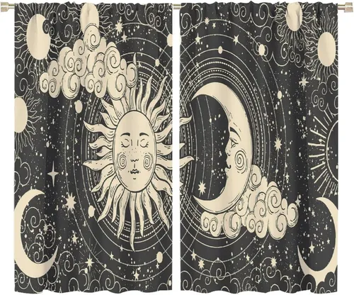 Vista 102 de Cortinas opacas con diseño de sol y luna, cuerpos celestes bohemios, con diseño de sol, luna y estrellas, para sala de estar, dormitorio, 42 x 45