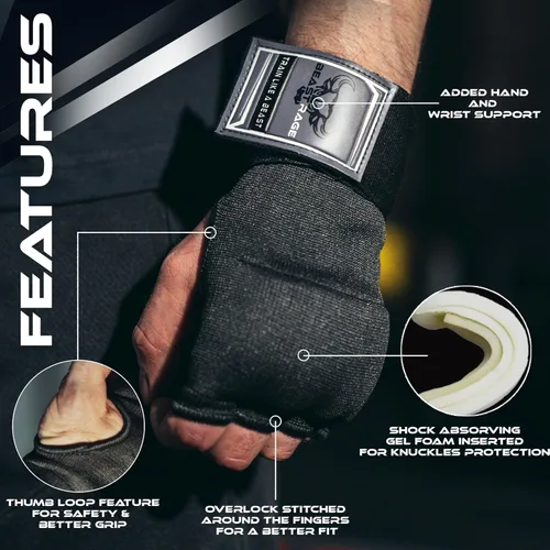 Vista 2 de BEAST RAGE Guantes interiores con vendas para manos, envoltura rápida, soporte largo de 36" en la muñeca, vendas para MMA, Muay Thai, entrenamiento