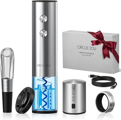 Vista 14 de CIRCLE JOY Juego de abridor eléctrico de botellas de vino de acero inoxidable, recargable, 8 en 1, juego de regalo de vino con base de carga