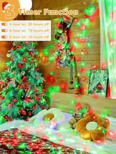 Vista 4 de Guhope - Luces de Navidad 600 LED de 98 pies, luces de cadena impermeables para exteriores con control remoto y temporizador, 8 modos de luces