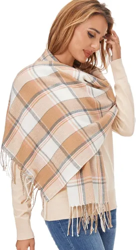 Vista 2 de Fuinloth Bufanda grande a cuadros para mujer, chal largo para invierno, cálido y ligero