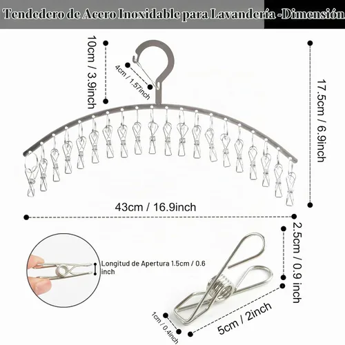 Vista 3 de JDYOOMI Paquete de 2 perchas de acero inoxidable para secar ropa a prueba de viento con 20 clips para secar calcetines, toallas, pañales