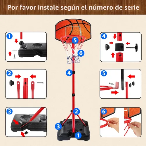 Vista 6 de Aro de baloncesto para niños de 1, 2, 3, 4, 5, 6 años, altura ajustable, 3.5-5.3 pies, aro de baloncesto para interiores, mini aros de baloncesto