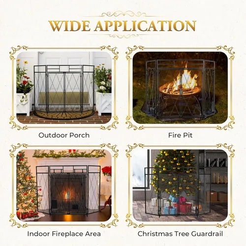 Vista 5 de Pantalla de Chimenea de Doble Puerta 5 en 1 49.6''x 30.7'' Grande 3 Paneles Plegable de Hierro Forjado Independiente Pantalla de Chimenea Rústica