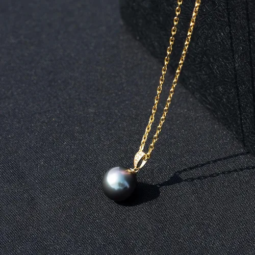 Vista 7 de Collar de barra de Moissnaite de perlas negras de Tahití, collares con colgante de diamante redondo genuino para mujer