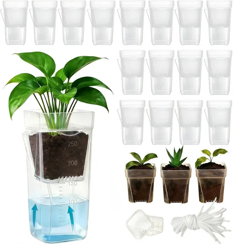 Paquete de 16 macetas medianas de riego automático de 2.5 pulgadas para plantas de interior, pequeñas macetas de plástico transparente, macetas de