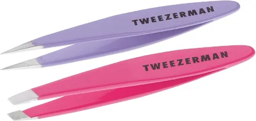 Tweezerman Mini pinzas inclinadas y punta – Juego de pinzas para cejas, pinzas de viaje para cejas, vello facial