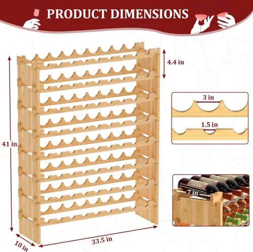 Vista 5 de Domax Estante de vino independiente para piso, 8 niveles, soporte para botellas de vino, 72 botellas, estantes apilables de madera de bambú