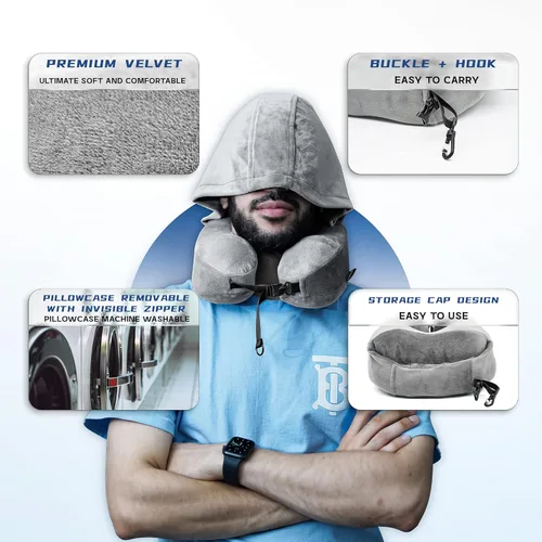 Vista 2 de Almohada de viaje con capucha de espuma viscoelástica para el cuello, almohada para la cabeza, soporte para la barbilla, avión, automóvil, oficina