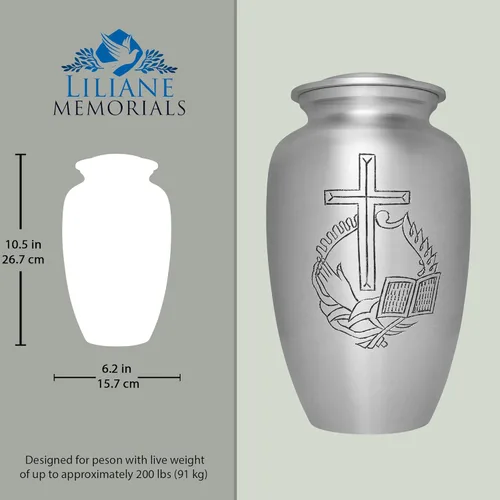 Vista 4 de Urna funeraria de cruz plateada, urna de cremación para cenizas humanas, hecha a mano en aluminio, adecuada para entierro o nicho de cementerio