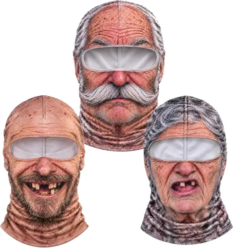 Vista 25 de Máscara de esquí de anciano, divertida y realista, con estampado 3D, para invierno, con cobertura del cuello, diseño envolvente, ajuste cómodo