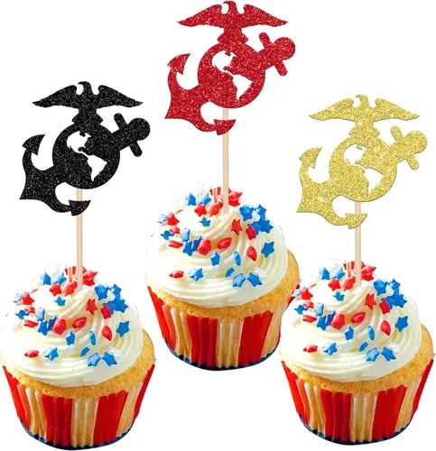 Vista 10 de Paquete de 24 adornos para cupcakes con temática militar, para botas, campamentos, decoración de cupcakes con temática azul marino, ceremonia