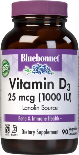 BlueBonnet Nutrition Vitamina D3 1000 UI, ayuda en el crecimiento muscular y esquelético, colecalciferol de lanolina, sin OMG, sin gluten, sin soja,
