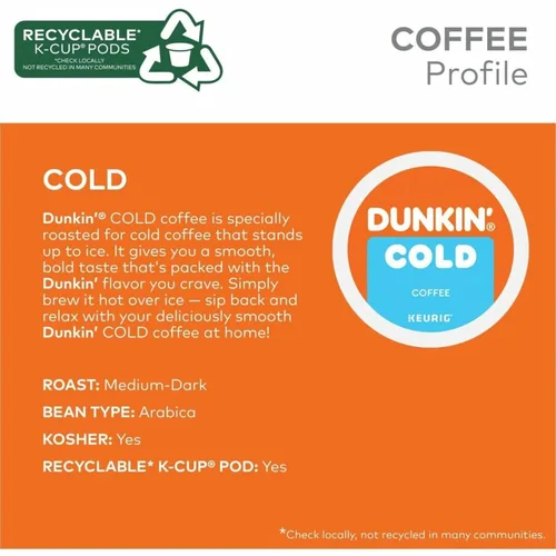 Vista 8 de Dunkin' Brew K-Cup, Pod Over Ice, Cápsulas K-Cup Keurig de un Solo Servicio, 22 unidades - Suave - K-Cup, Pod - Tostado, Arabica - Kosher - 22