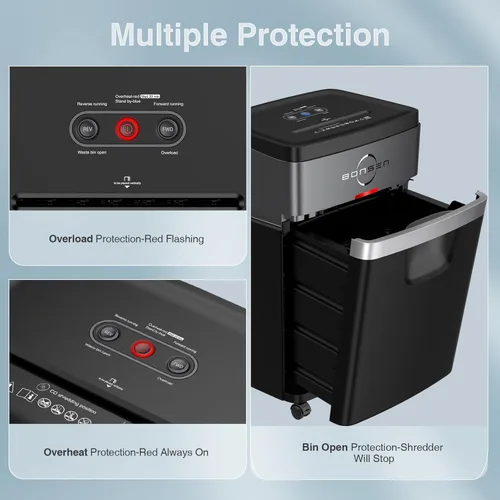 Vista 6 de Trituradora de papel BONSEN, 20 hojas, 60 minutos sin parar, trituradora de papel resistente para oficina, trituradora de corte transversal ultra