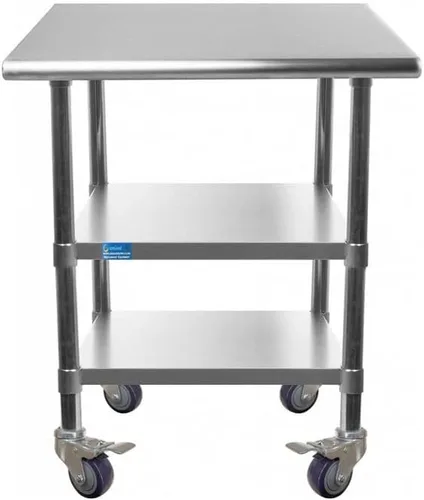 Vista 23 de Mesa de trabajo de acero inoxidable con 2 estantes con ruedas Mesa de utilidad de metal Mesa de utilidad NSF comercial y residencial