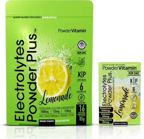 Vista 21 de PowderVitamin Electrolitos en polvo Plus, Keto, uva de arándano, cero azúcar, 1000 mg de potasio, 120 mg de calcio, 120 mg de magnesio, sin OMG