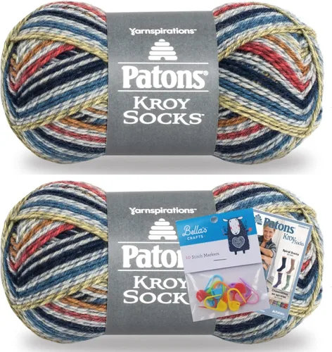 Vista 11 de Patons Kroy Ovillo de lana para calcetines Paquete de 2 con marcadores de punto de Bella's Crafts (Azul Marrón Marl)