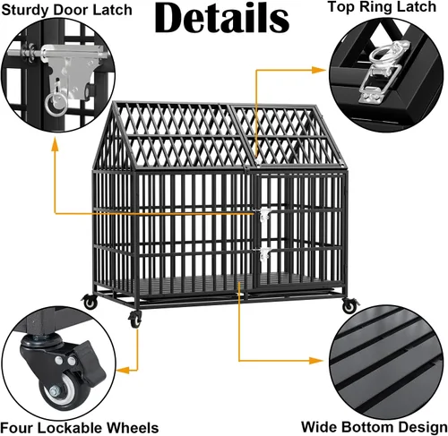 Vista 4 de Jaula indestructible para perros de 50 pulgadas, resistente a prueba de escapes, jaula de acero fuerte para perros gigantes extragrandes, alta