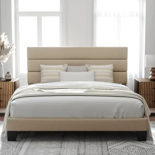 Vista 27 de Allewie Base de cama de plataforma tamaño King con cabecera tapizada de terciopelo y soporte de listones de madera, base de colchón totalmente Negro