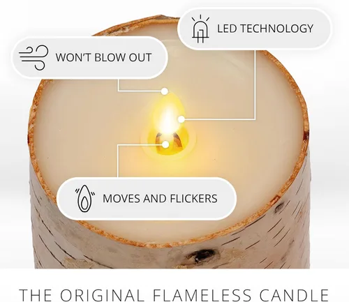 Vista 3 de Luminara Vela LED sin Llama Envuelta en Corteza de Abedul Real, 3.5" x 4.5", Luz de Pilar de Llama en Movimiento Operada por Batería