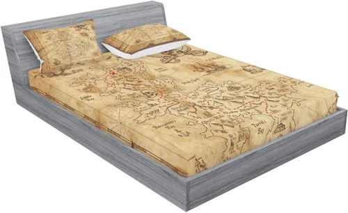 Vista 2 de Ambesonne Island Map - Juego de sábanas bajeras y fundas de almohada, mapa del tesoro súper detallado, diseño de piratas rústicos grungy, tema