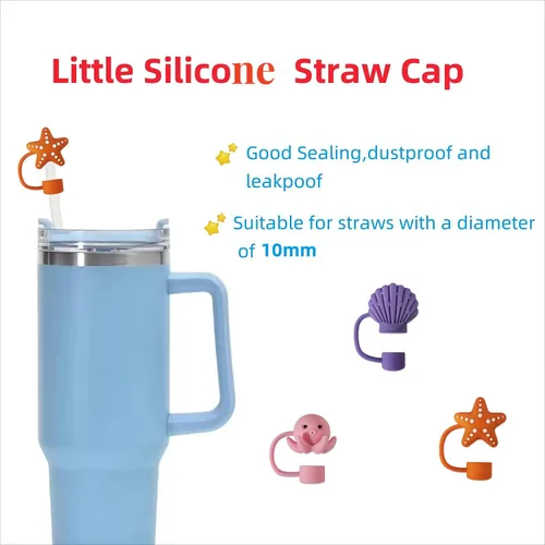 Vista 4 de 3 tapas de popote para copa Stanley, 0.394 in, 0.4 pulgadas, silicona para lindos animales marinos, accesorios de copa Stanley, vaso de 30 y 40